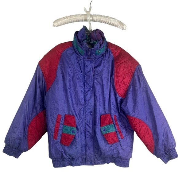 American High Y2K Women Medium Purple Red Nylon Retro Bomber 90s Jacket READ - Picture 3 of 12